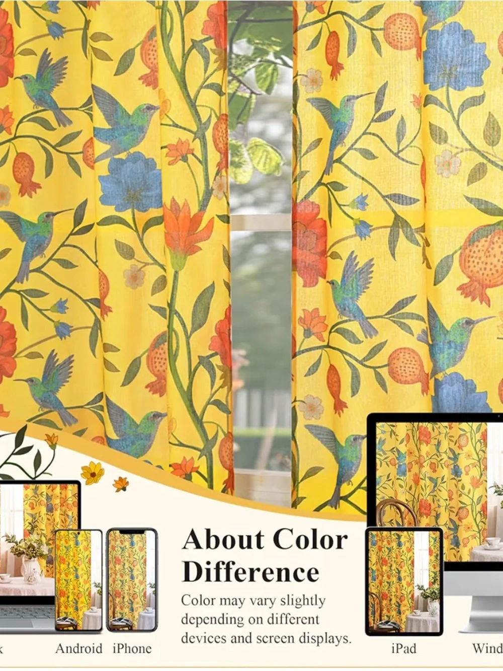 Floral bird yellow curtains 52 X 96” NEW